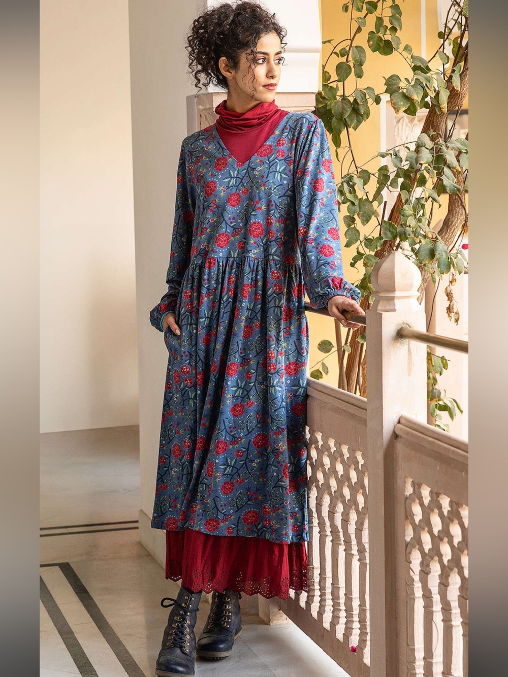 Gudrun Sjoden Nyponros Lagenlook Blue Floral Long Sleeve Maxi Dress XXL EUC
